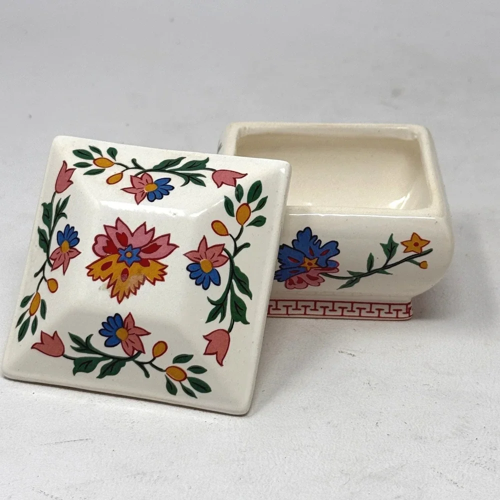 Floral 3 Inch Square Ceramic Lidded Jewelry Trinket Box 80s Oriental Gift Vanity